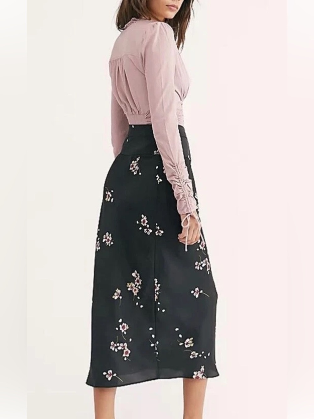 Free People Normani Bias Black Satin Floral Midi Skirt  in Fallen Petal size 10